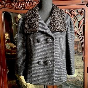 60s True Vintage Pinstriped Wool and Curly Lamb Fur Short Jacket Grey Black